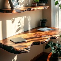 Escritorio Flotante de Madera Maciza con Borde Natural |   Estación de Trabajo para Computadora de Estilo Wabi-Sabi, Montada en la Pared, con Estantes Integrados, para Oficina en Casa