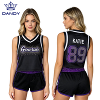 Ensemble d'entraînement de cheerleading personnalisé noir et violet avec strass, comprenant un maillot de basketball court et un short, avec nom et numéro personnalisables