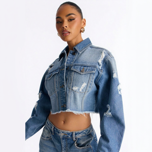 Women's Oversized Distressed <b>Denim</b> <b>Jacket</b> Vintage Washed Ripped Jean <b>Jacket</b> Women's Distressed <b>Denim</b> <b>Jacket</b> <b>Crop</b> Top Ripped Hole - Product Image 1