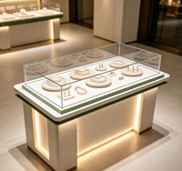 Vitrine de présentation de bijoux en verre et bois avec éclairage LED, couleurs personnalisables et caractéristiques écologiques
