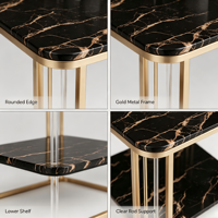 Table d'appoint à deux niveaux en marbre Nero Marquina de luxe avec cadre en métal noir minimaliste, meubles de salon écologiques et durables