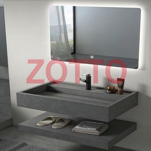 Meuble de salle de bain suspendu en pierre de marbre moderne avec miroir LED et lavabo en pierre, intégrant un meuble de luxe en dalle de roche - Product Image 2