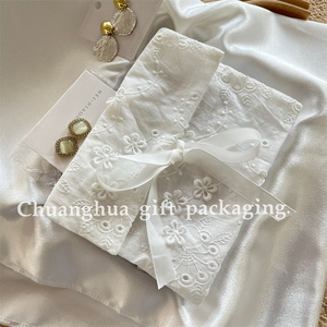 Custom <b>White</b> Cotton <b>Envelope</b> Bag for Women Simple Floral Lace Flap Cover Pouch with Embroidery Flower Pattern for Jewelry Party - Product Image 3