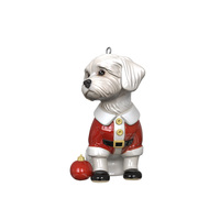 Figurine de chien maltais en céramique écologique faite à la main, tenue de Père Noël, ornement festif pour chien, décoration de sapin de Noël, couleur personnalisée, imperméable
