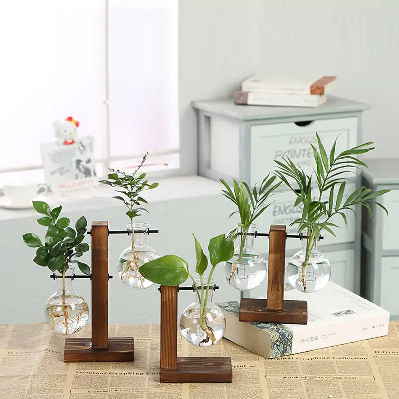 Handmade Desktop Plant Terrarium Planter Metal Wood Frame Water Cultured Glass hydroponic flower glass vase