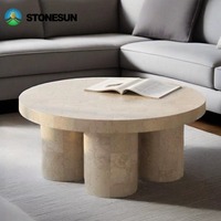 Table basse en travertin beige durable et écologique StoneSun, meuble de salon, coupole sculptée ronde