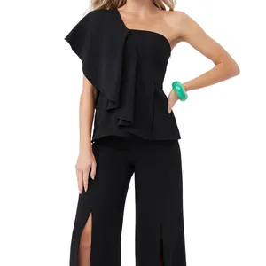 Custom 100% Cotton Formal 2 Piece Set Women 1 Shoulder Ruffle Top Split Elastic High Waist Long Pant Set