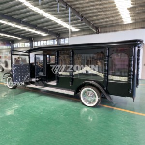 รถศพไฟฟ้าสีดำเงาแบบวินเทจพร้อมเสาประดับตกแต่งสำหรับงานศพ - Product Image 5