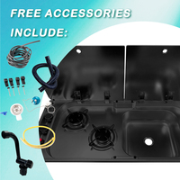 Combo de Fregadero y Estufa para RV JDA, Estufa de Gas de 2 Quemadores, Acero Inoxidable 304, Tapa de Vidrio Nano, 780x360mm, para Caravana, Autocaravana, Barco, GLP