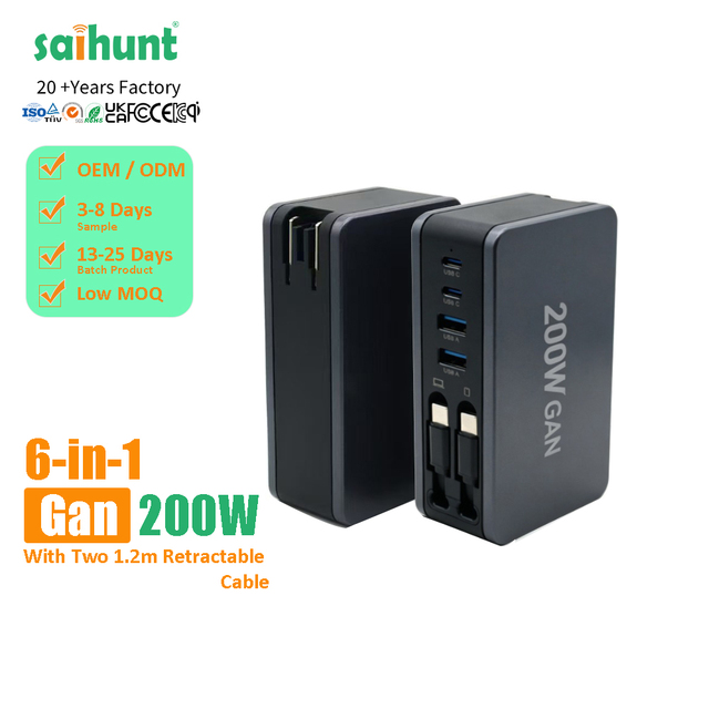 200W GaN Charger with Dual Type-C Retractable Cables, Multi-Port QC3.0 Desktop Charging Station