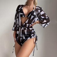 Ensemble 3 pièces de bikini européen et américain à manches longues en maille respirante, taille haute imprimée avec cordon de serrage et effet gainant