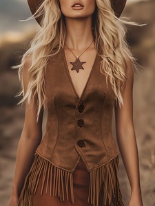 <span class=keywords><strong>Gilet</strong></span> Vintage con nappine e bottoni da <span class=keywords><strong>donna</strong></span> <span class=keywords><strong>marrone</strong></span> scamosciato Cowboy senza maniche - Product Image 4
