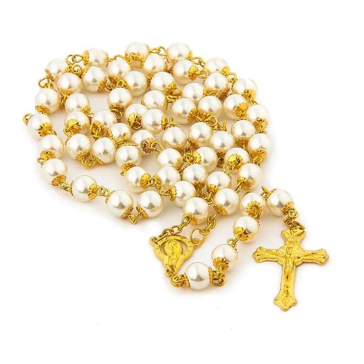 Handmade 8mm Glass Pearl Beads Catholic Rosary with Gold Plated Center and Crucifix Cross Necklace for Women Girl Gifts H0713