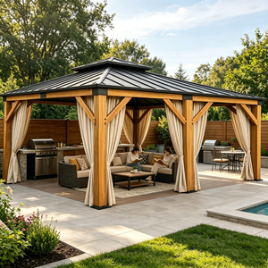 Grand gazebo d'extérieur en cèdre avec toit rigide résistant aux intempéries, rideaux d'intimité inclus - Product Image 1