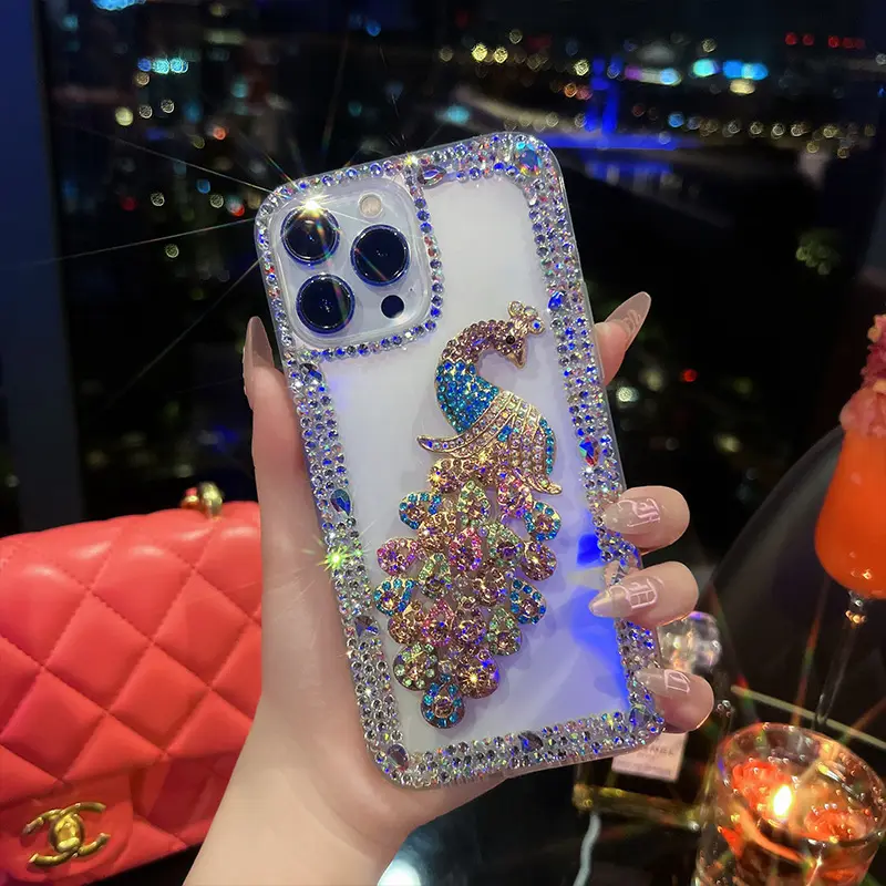 Luxury Creative Sparkle Rhinestone 3D Peacock Shape Handmade Mobile Phone Case For iPhone 14 13 12 11 Pro Max Case