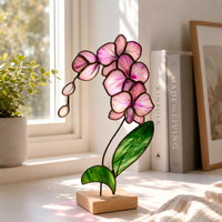 Vitrail Art Déco au design unique Orchidée rose Affichage floral élégant sur socle en bois pour la décoration intérieure ou les cadeaux