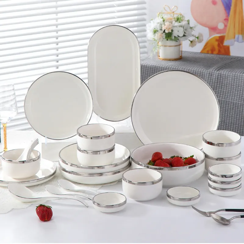 Mascot Nordic ceramic color glazed dinnerware sets porcelain luxury golden plates set for restaurant wed tableware