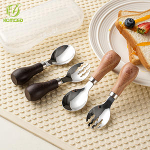 Cuillères et fourchettes modernes en acier inoxydable 304 avec manches imitation bois en plastique - Lavables au lave-vaisselle, résistantes à la chaleur, portables, pour enfants - Product Image 1