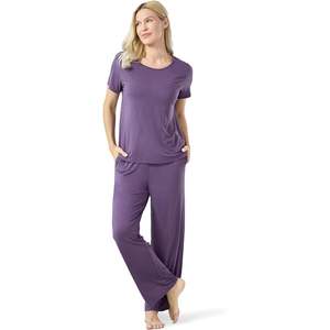 Ensemble de pyjama en viscose de bambou pour femmes, haut à manches courtes avec pantalon, 2 pièces, vêtements de nuit confortables et doux - Product Image 1