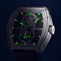 Mark Fairwhale Automatische Mechanische Uhr Metall-Tonneau-Gehäuse Gummiarmband Skelett-Zifferblatt Wasserdicht Leuchtend Aerospace FW-6029