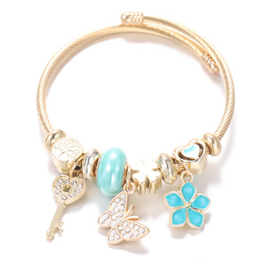 Bracciale Regolabile in Acciaio Inossidabile Placcato <span class=keywords><strong>Oro</strong></span> 18K con Ciondoli a Farfalla, Fiore, Chiave e Smalto, Braccialetto con Perline, Gioielli Moda Donna - Product Image 5