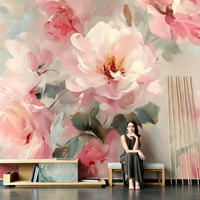 Papier peint mural personnalisé à motifs floraux roses, papier peint floral autocollant à motifs de pivoines en aquarelle pour chambre à coucher, salon