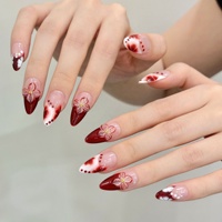 Faux ongles à presser pour femmes, bordeaux, motif lys peint à la main, French manucure effet goutte, brillants, longs, forme amande, style Crimson Bloom