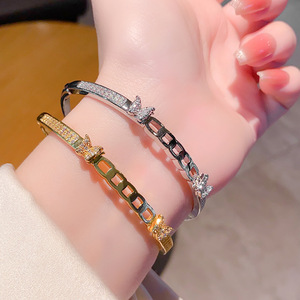 <b>Diamond</b> Bracelet Gold And White Hollow Design Asscher Cut Side Stones Unisex Gift Jewelry - Product Image 1