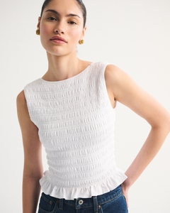 Top Corto sin Mangas con Volantes y Cuello en U en la Espalda, Color Blanco Sólido, Personalizado por Leduo para Mujer - Product Image 1