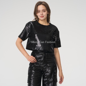Camisetas de lentejuelas completas OEM de moda, cuello redondo, estilo oversize, top corto de lentejuelas completas para niñas - Product Image 1