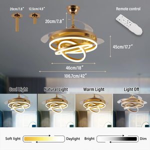 Moderno ventilador de techo negro y dorado de lujo con luz LED y candelabro colgante de cristal con control remoto - Product Image 6