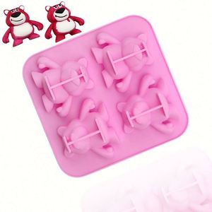 Eco-Friendly 4 Hole New Style Strawberry Bear Shape <b>Silicone</b> Cake Soap Hand Make <b>Resin</b> Diy Candle <b>Mold</b> Reused Home Bake OEM\ODM - Product Image 1