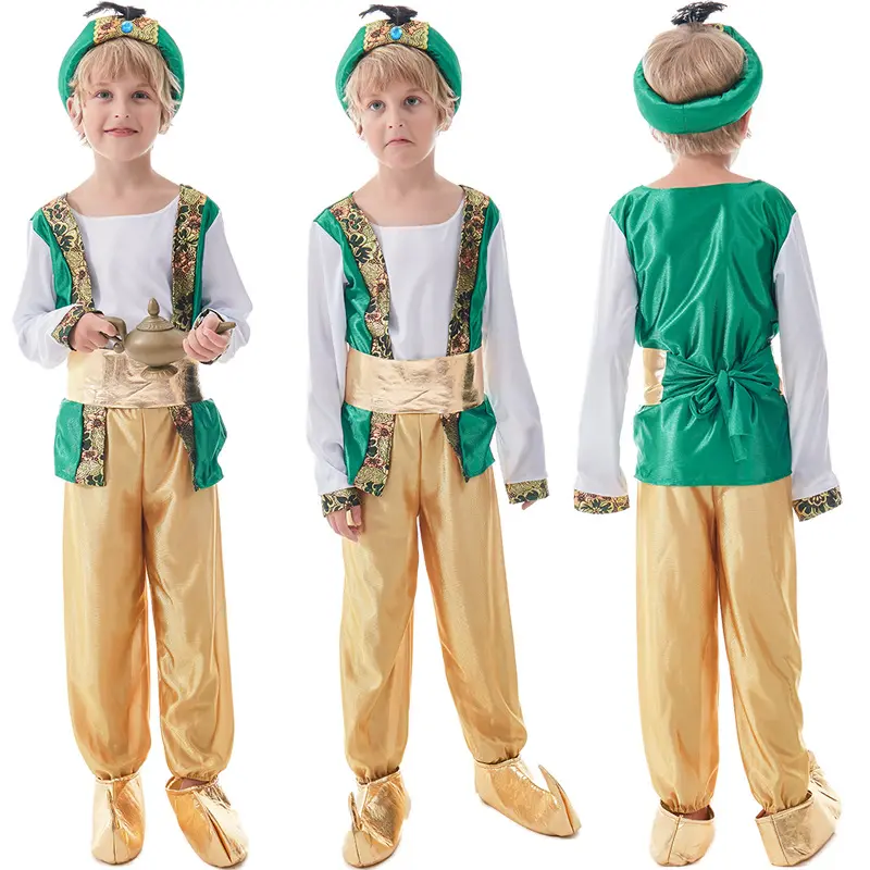 Disfraz de Aladino para niños, disfraz de cuento de hadas verde para hombre, disfraz de actuación en escenario, las mil y una noches, ropa de Príncipe, Juego