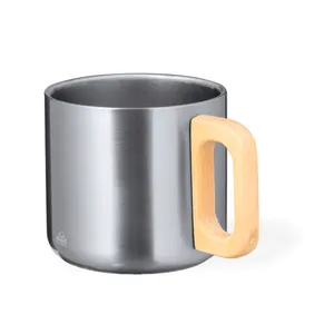 Mug thermique en acier inoxydable recyclé de 400 ml avec poignée en bois. Double paroi, diverses couleurs, emballage kraft. Parfait comme un susta - Product Image 3