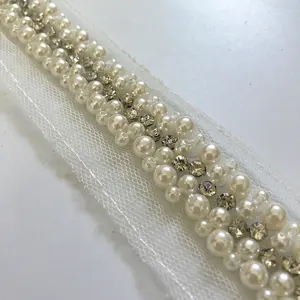 China supplier rhinestone pearls mesh lace trimming garment accessory