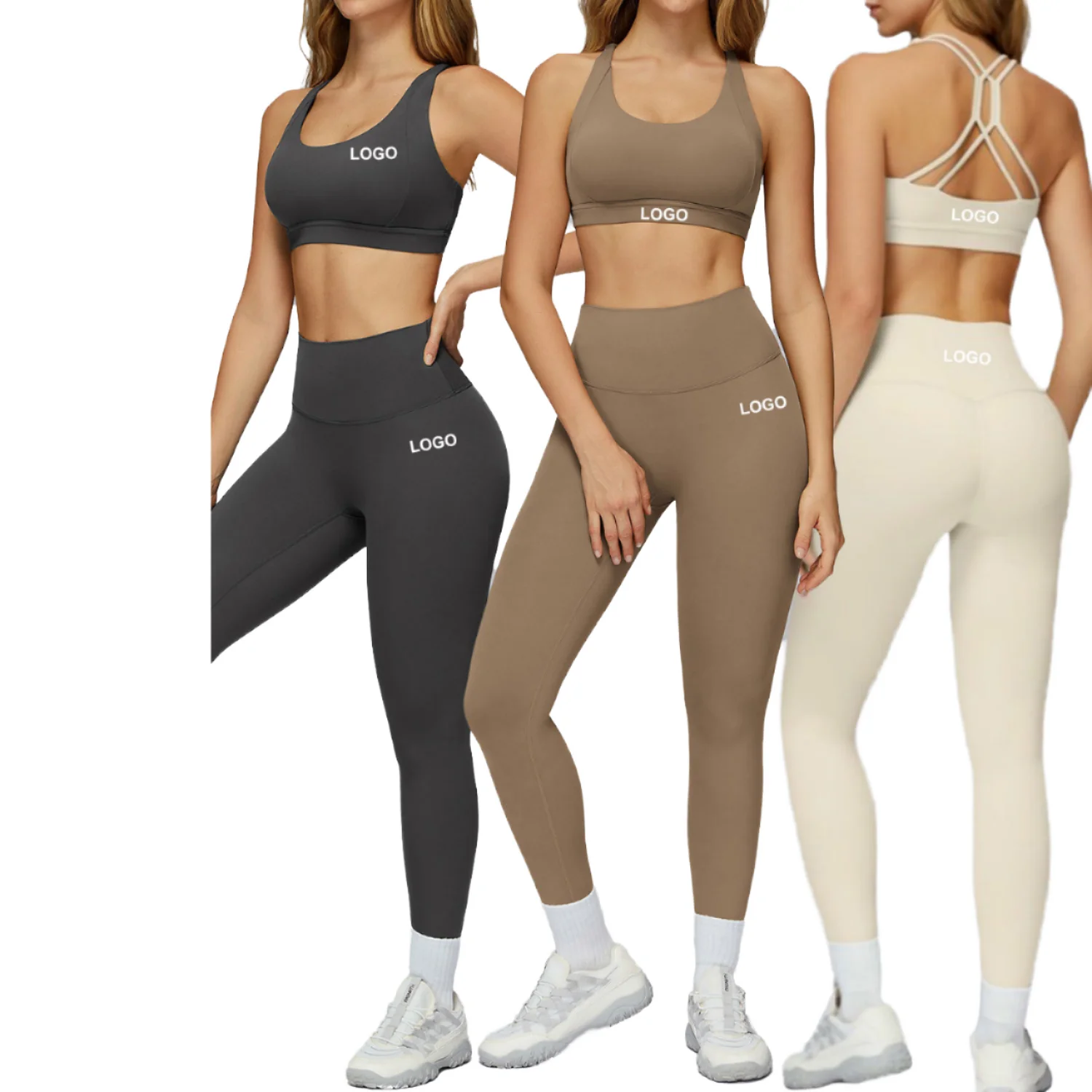 Women's 2-Piece Solid Fitness High Waist Elastic Quick-Dry Sports Set Lightweight Cross Back Front Nude Feel Yoga Pilates Gym