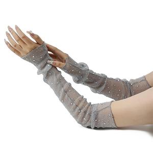 <span class=keywords><strong>Gants</strong></span> <span class=keywords><strong>longs</strong></span> sans doigts noirs en strass pour femmes, chauffe-bras en maille transparente, accessoire de clubwear orné de diamants étincelants - Product Image 2