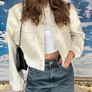 Women's Longstanding V-Neck Motorcycle <b>Pilot</b> <b>Jacket</b> Double Pocket Solid Color Casual Outerwear Thin Polyester Lining for Spring - Product Image 3