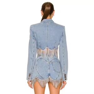 Nouvel Arrivage Ensemble en Jean Femme de Haute Qualité : Veste Courte Sexy et Mini-Jupe en Jean Délavé à l'Acide avec Strass - Product Image 3