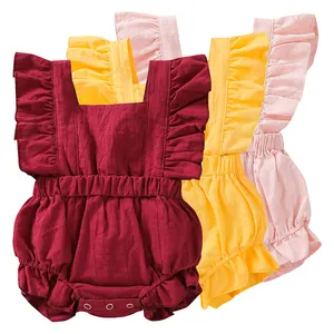 Favori Ruffles katı renk Fly kol tulumlar kızlar tatlı giysiler yeni doğan bebek yaz Romper