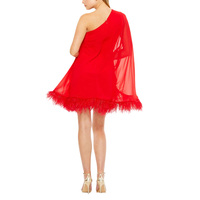 Mousseline de soie personnalisée de haute qualité une épaule robe trapèze rouge garniture de plumes d'autruche femmes Mini robe