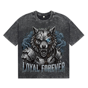 Camisetas de algodón transpirables para hombre, estilo streetwear, con lavado ácido negro, estampado DTG de lobo blindado punk personalizado, corte holgado, para venta al por mayor - Product Image 1