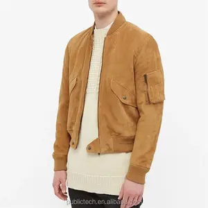 OEM Custom utility arm pocket short lambskin suede bomber jacket for men