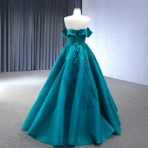 Robe de bal de luxe turquoise à bretelles fines, broderie de perles brillantes, modèle Rsm241002-4 - Product Image 3