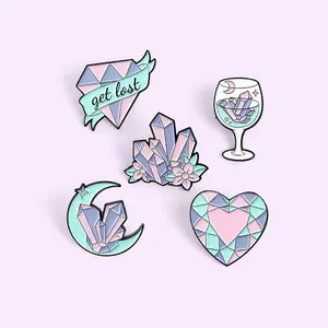 Custom shape crystal heart gemstone brooch lapel pin badge metal pastel floral rose cluster crystal geode enamel pin with gems