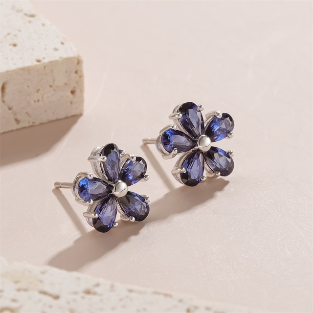 Sublimation 925 Sterling Silver Flower Shape Stud Earrings Royal Blue Lab Grown Sapphire Ear Studs Earrings for Gifts
