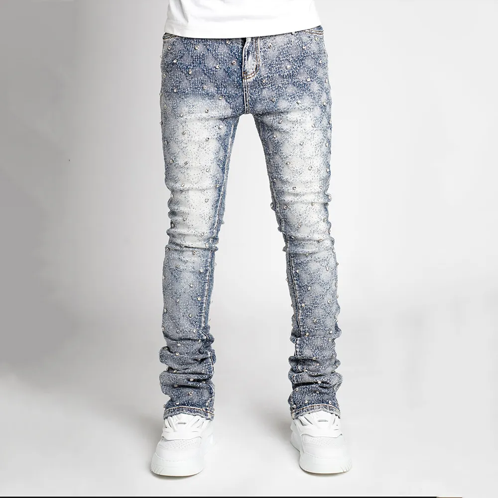 Высококачественные джинсы из джинсовой ткани Topshow, синие джинсы со стразами, прямые свободные джинсы со стразами