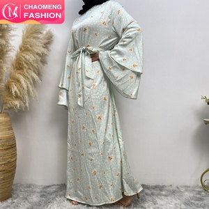 6528 #   Vestido de Satén de Dos Capas con Mangas Trompeta y Cuello Redondo, Estampado Diferente, Popular en Verano, Moda Musulmana Islámica Árabe para Mujer - Product Image 1