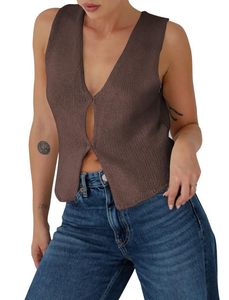 2024 Summer V-Neck Crochet Knitted <b>Vest</b> Button Y2k Sweater Sleeveless Top - Product Image 6