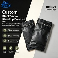 Sachets personnalisés noirs à valve et fermeture éclair pour l'emballage plastique de grains de café et de produits alimentaires